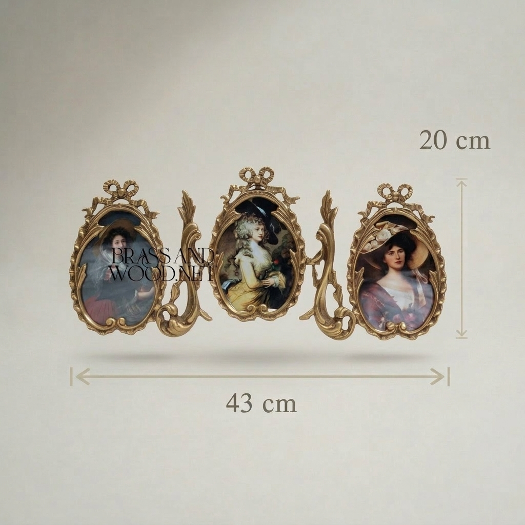 Rococo Brass Triple Oval Photo Frame Set - Ribbon & Acanthus Scroll — Antique Gold