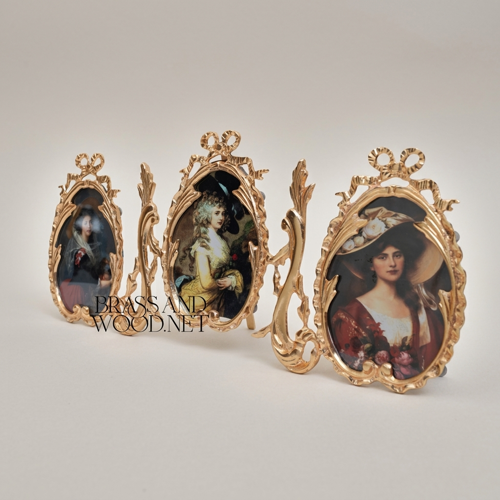 Rococo Brass Triple Oval Photo Frame Set - Ribbon & Acanthus Scroll — Gold