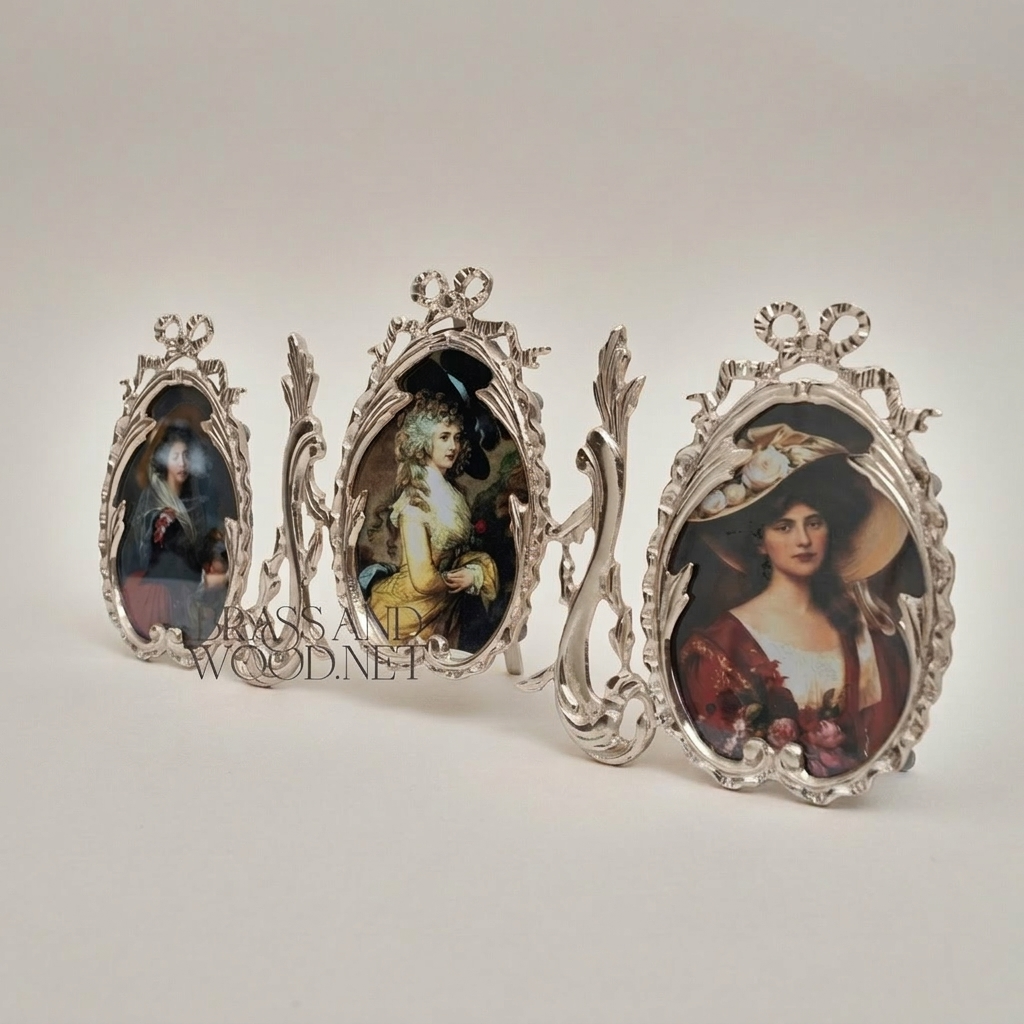 Rococo Brass Triple Oval Photo Frame Set - Ribbon & Acanthus Scroll — Silver