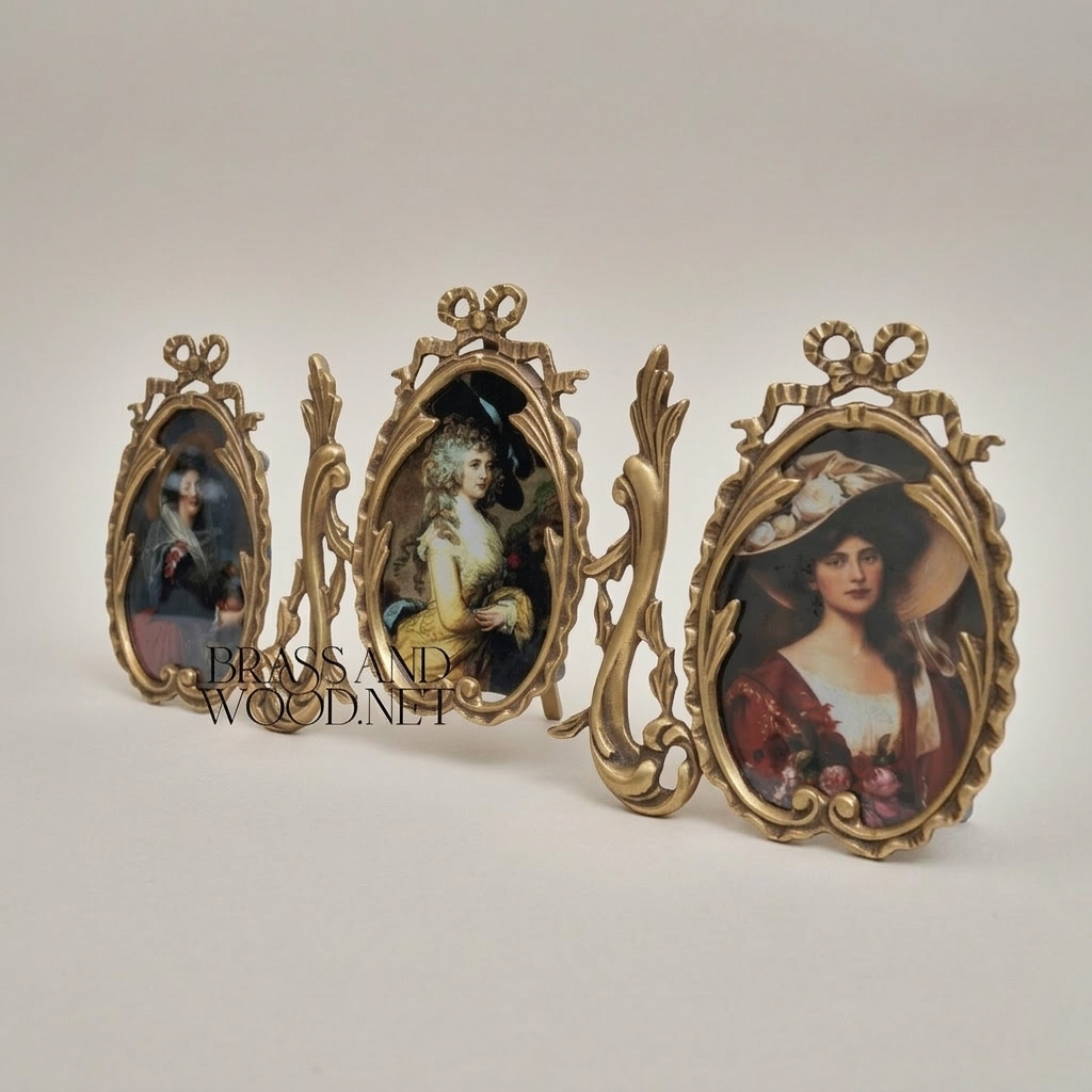 Rococo Brass Triple Oval Photo Frame Set - Ribbon & Acanthus Scroll — Antique Gold