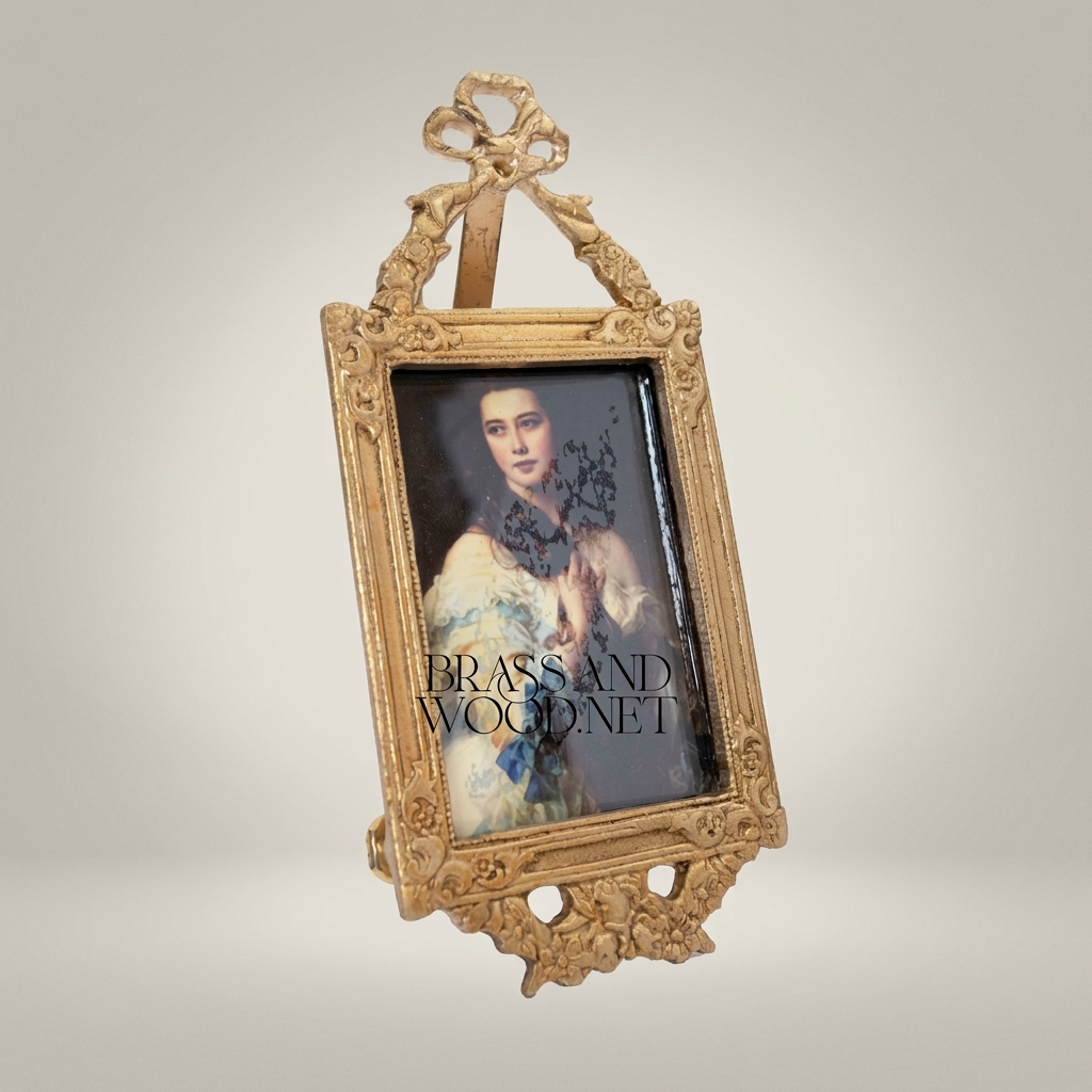Rococo Brass Triple Photo Frame Set with Bow & Acanthus Filigree — Tiered Easel Stand — Antique Gold