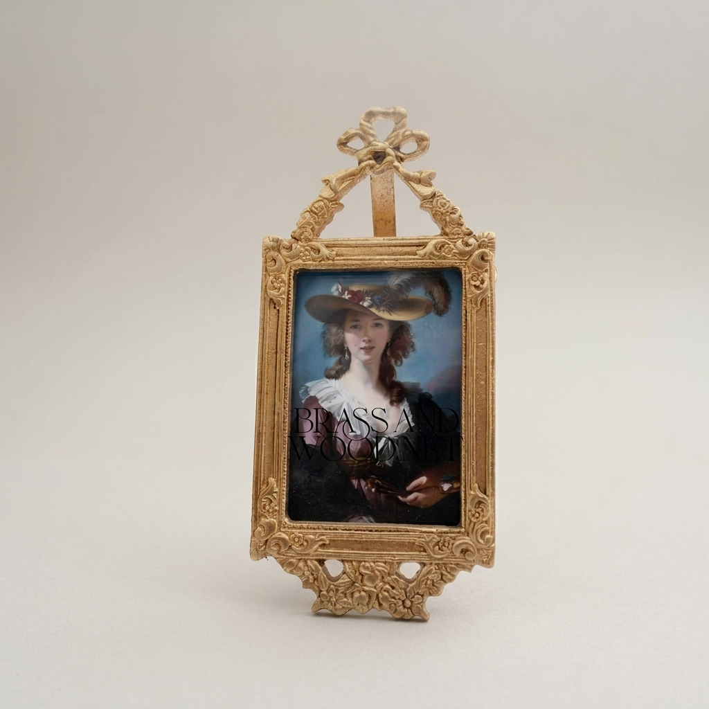 Rococo Brass Triple Photo Frame Set with Bow & Acanthus Filigree — Tiered Easel Stand — Antique Gold