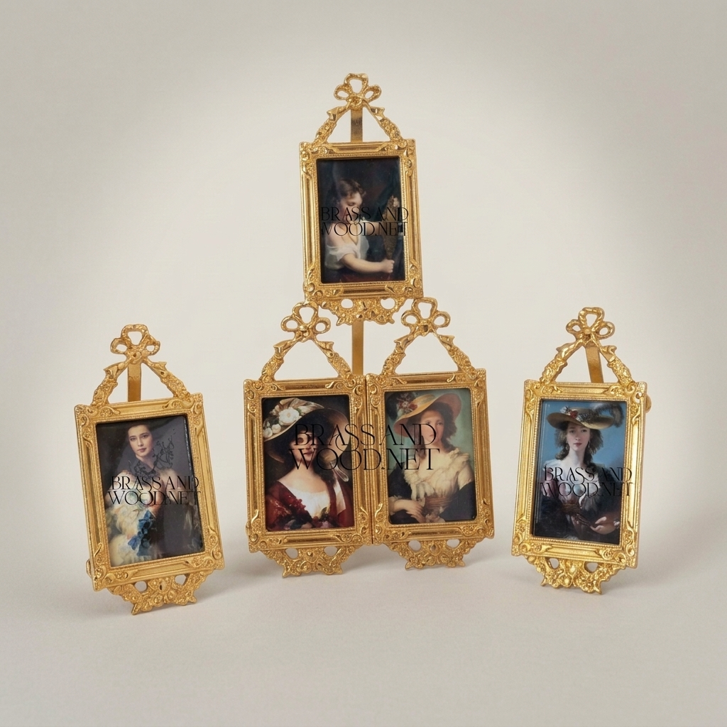 Rococo Brass Triple Photo Frame Set with Bow & Acanthus Filigree — Tiered Easel Stand