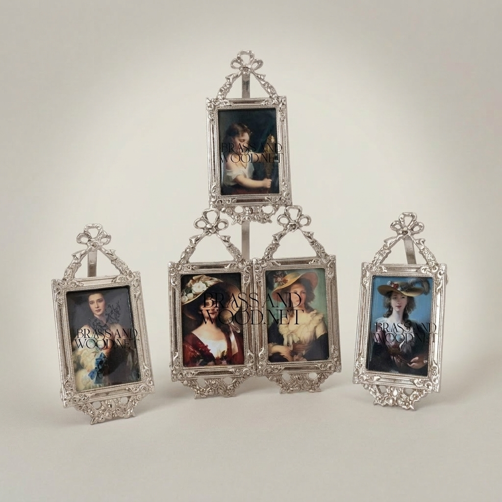 Rococo Brass Triple Photo Frame Set with Bow & Acanthus Filigree — Tiered Easel Stand — Silver