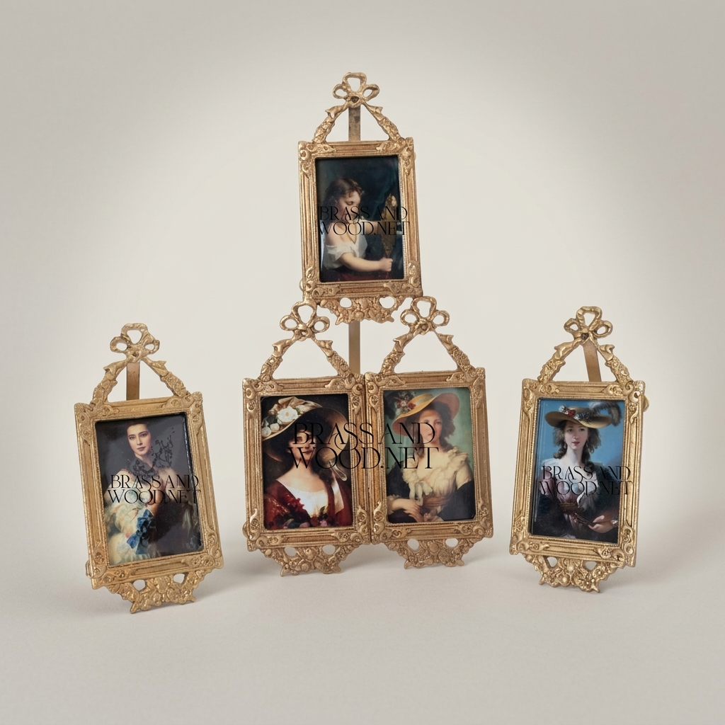 Rococo Brass Triple Photo Frame Set with Bow & Acanthus Filigree — Tiered Easel Stand — Antique Gold