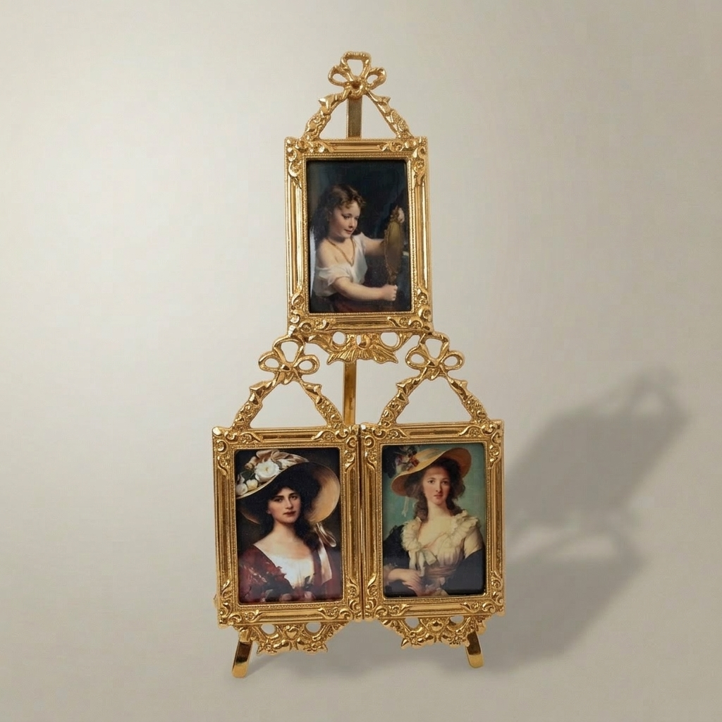 Rococo Brass Triple Photo Frame Set with Bow & Acanthus Filigree — Tiered Easel Stand