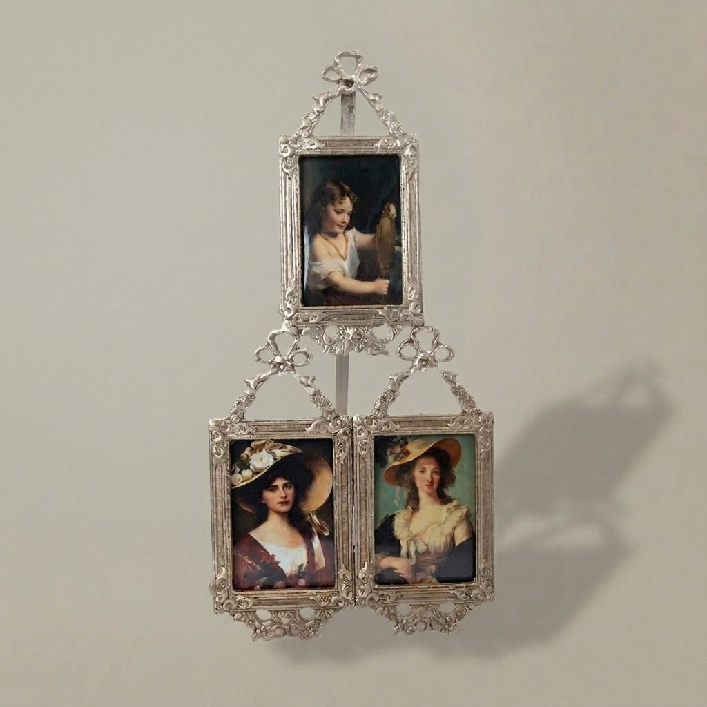 Rococo Brass Triple Photo Frame Set with Bow & Acanthus Filigree — Tiered Easel Stand — Silver