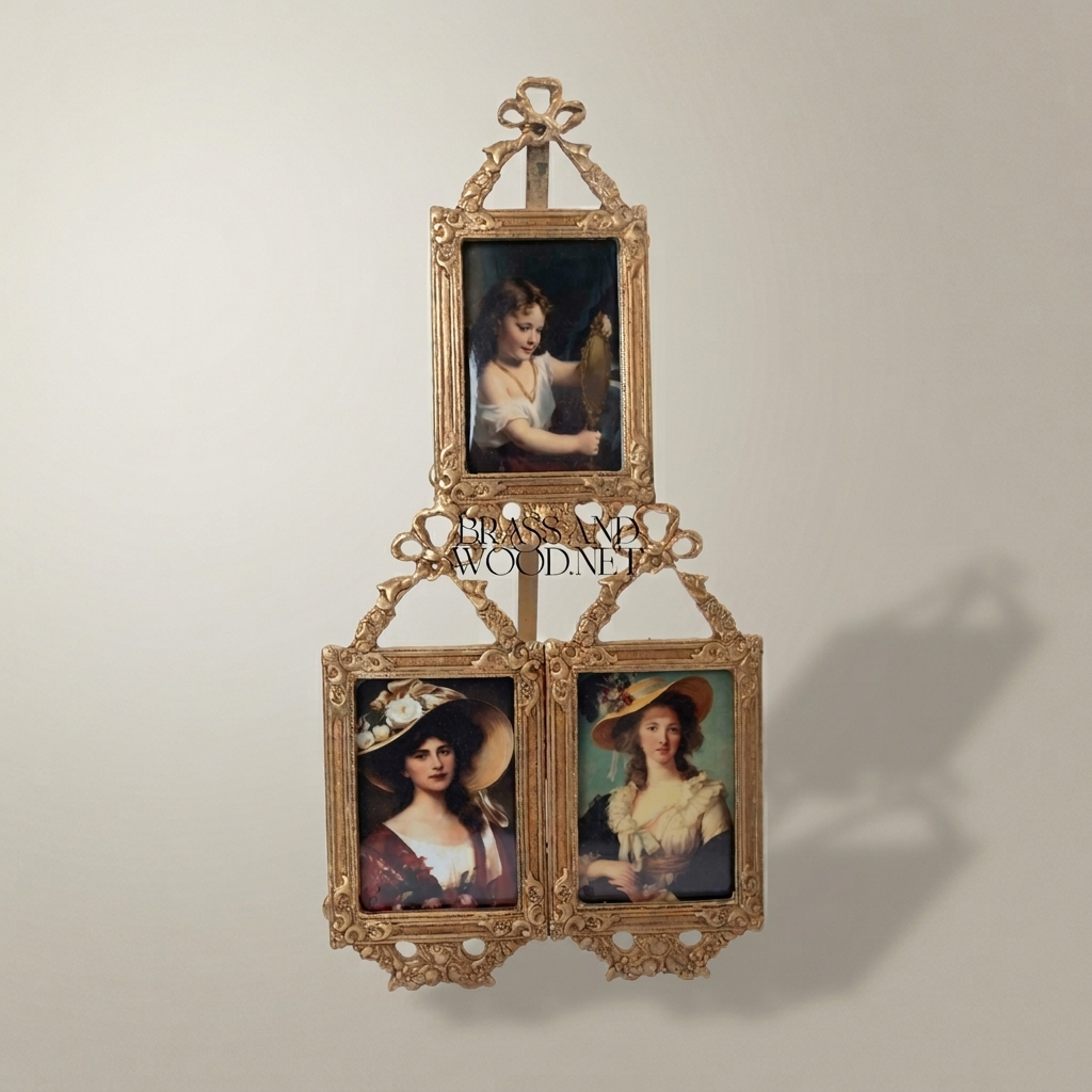 Rococo Brass Triple Photo Frame Set with Bow & Acanthus Filigree — Tiered Easel Stand — Antique Gold