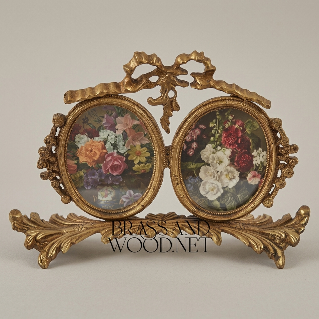 Rococo Brass Twin Oval Photo Frame Set with Ribbon Bow & Acanthus Base — Antique Gold