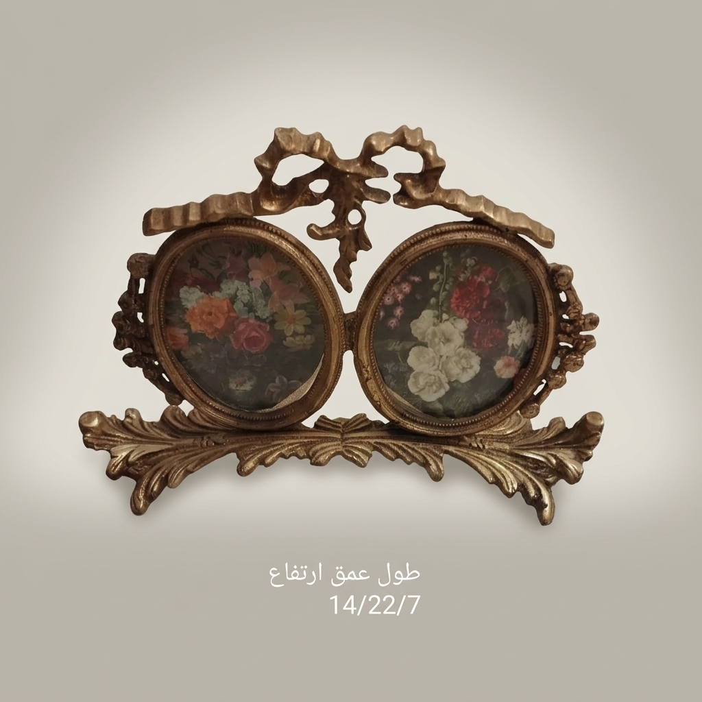 Rococo Brass Twin Oval Photo Frame Set with Ribbon Bow & Acanthus Base — Antique Gold