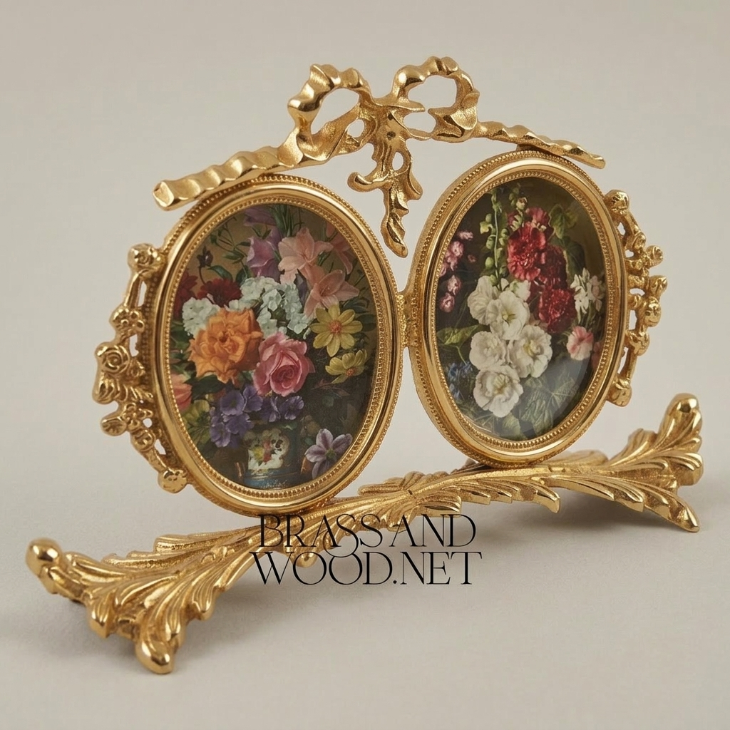 Rococo Brass Twin Oval Photo Frame Set with Ribbon Bow & Acanthus Base — Gold