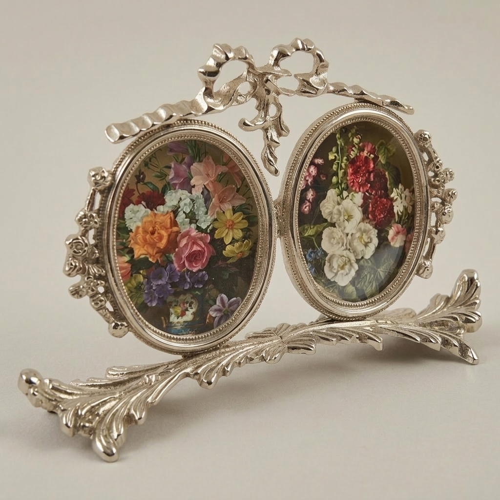 Rococo Brass Twin Oval Photo Frame Set with Ribbon Bow & Acanthus Base — Silver