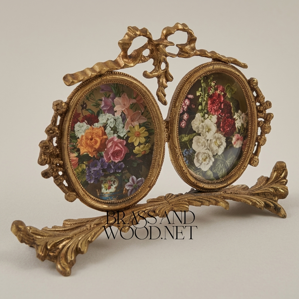 Rococo Brass Twin Oval Photo Frame Set with Ribbon Bow & Acanthus Base — Antique Gold