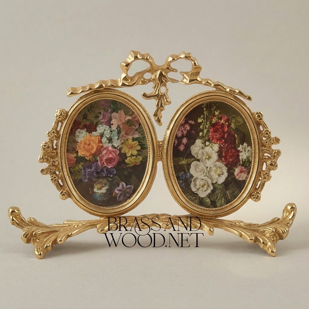 Rococo Brass Twin Oval Photo Frame Set with Ribbon Bow & Acanthus Base — Gold