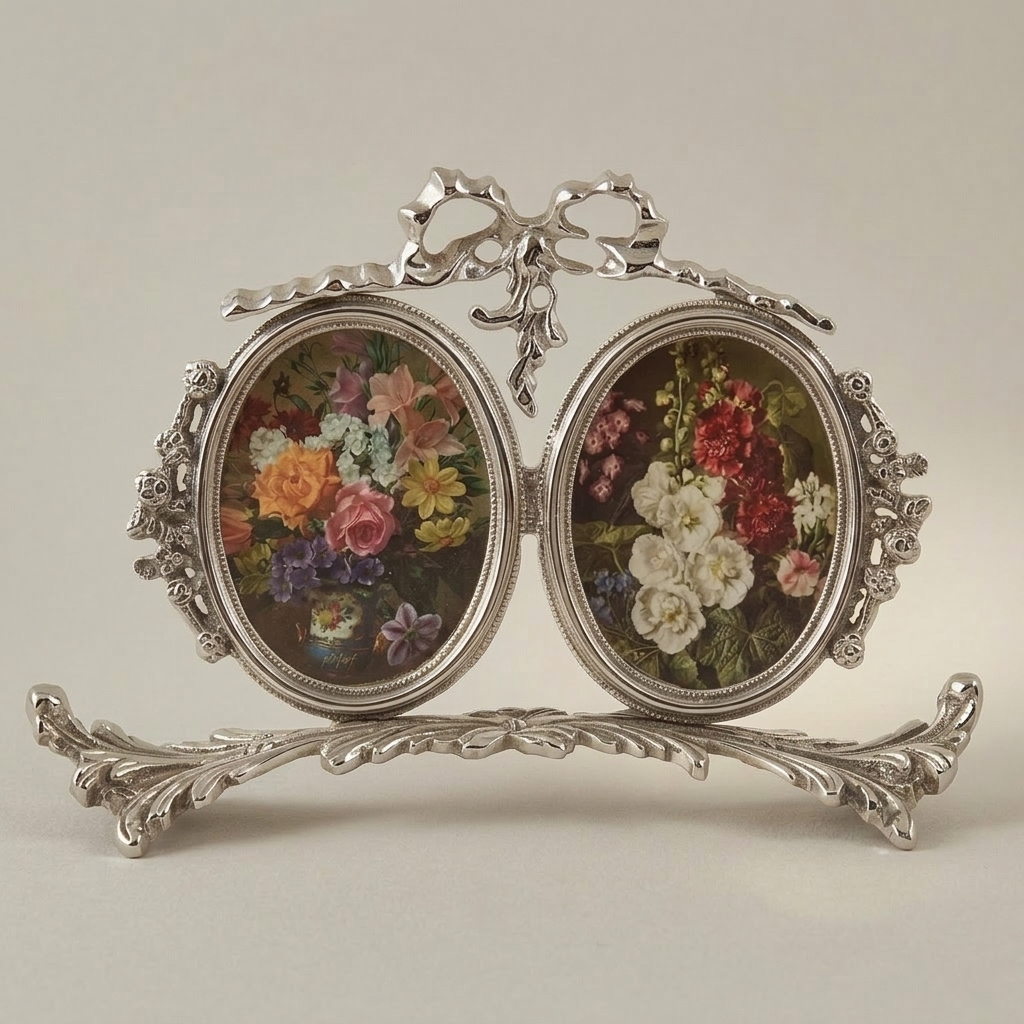Rococo Brass Twin Oval Photo Frame Set with Ribbon Bow & Acanthus Base — Silver