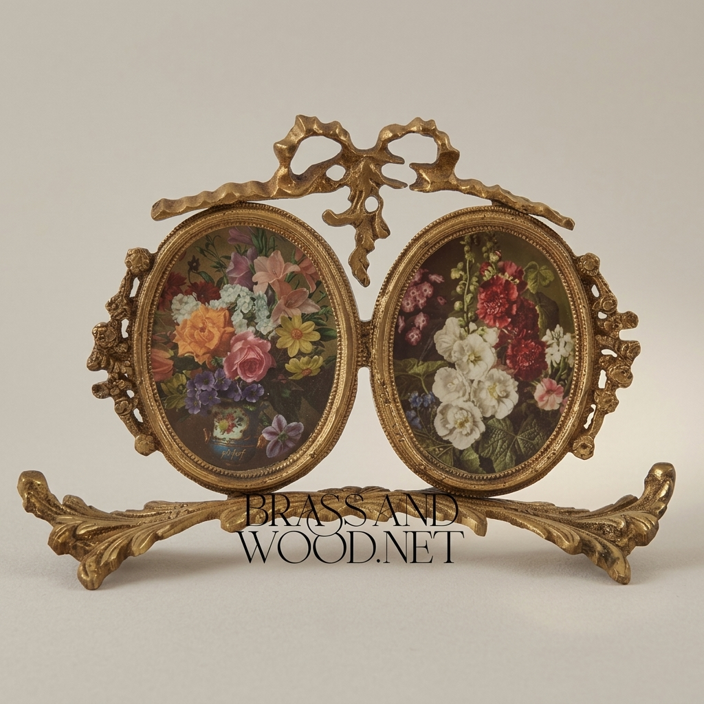 Rococo Brass Twin Oval Photo Frame Set with Ribbon Bow & Acanthus Base — Antique Gold