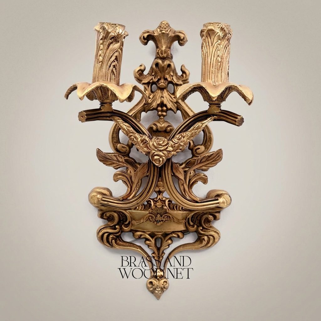 Rococo Brass Two-Arm Wall Sconce with Acanthus & Rose Carvings — Antique Gold