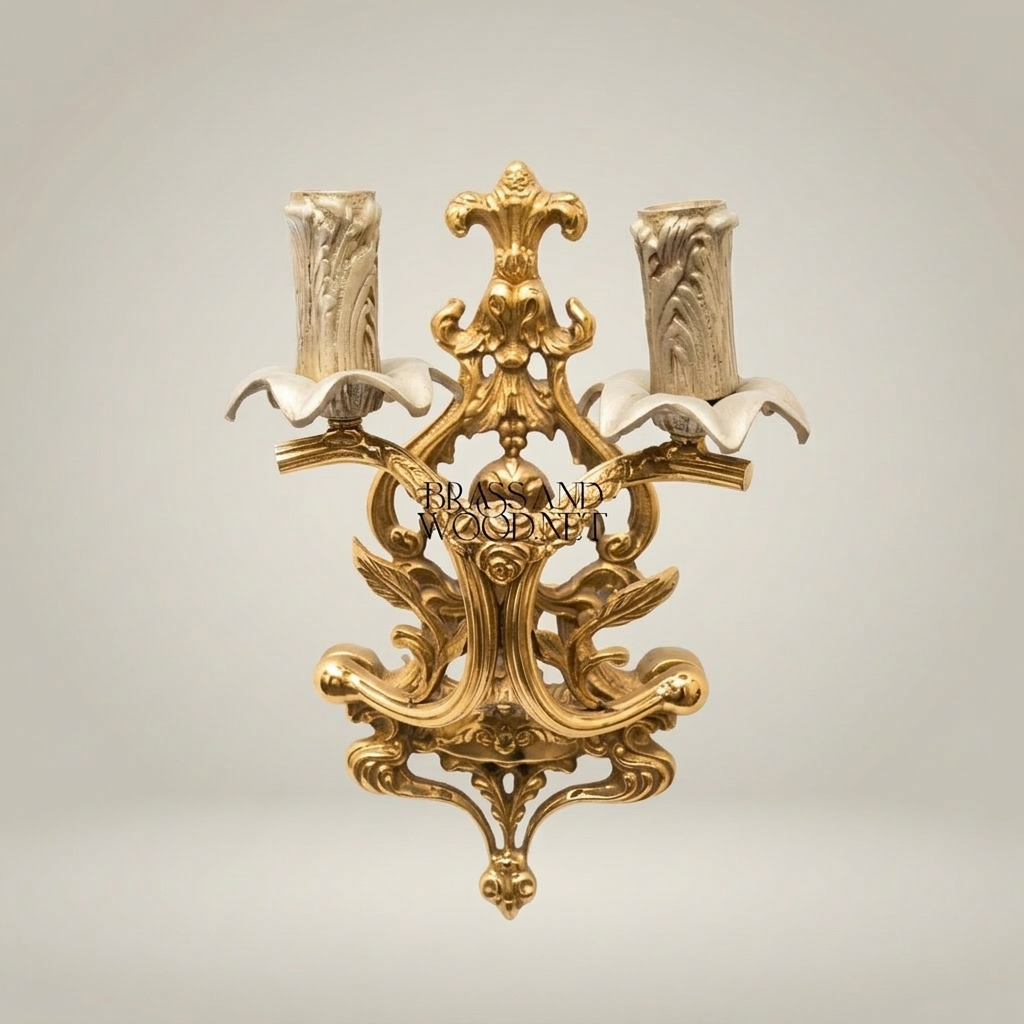 Rococo Brass Two-Arm Wall Sconce with Acanthus & Rose Carvings