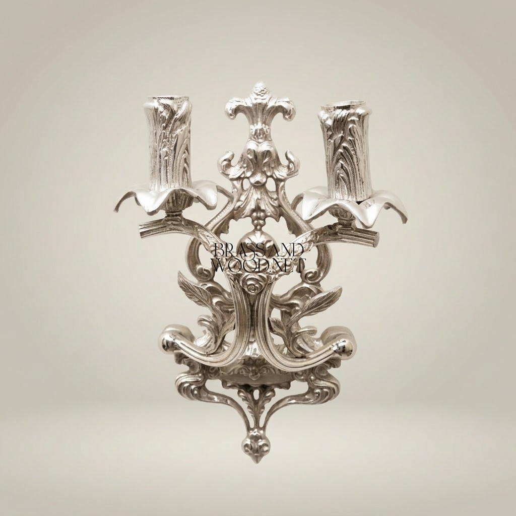 Rococo Brass Two-Arm Wall Sconce with Acanthus & Rose Carvings — Silver
