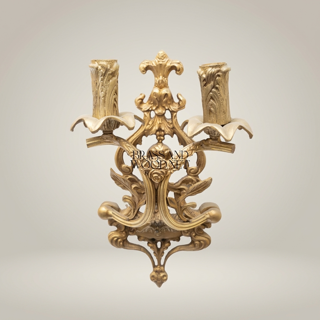 Rococo Brass Two-Arm Wall Sconce with Acanthus & Rose Carvings — Antique Gold