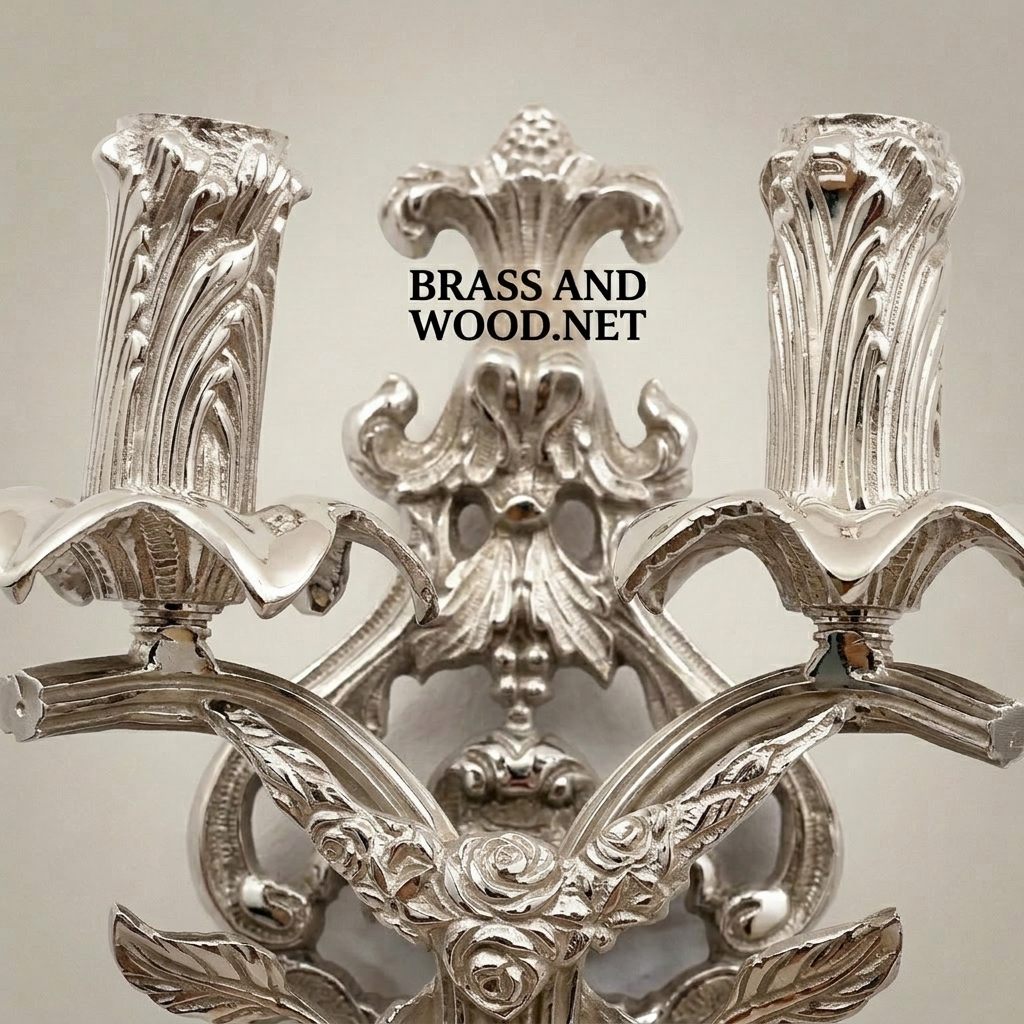 Rococo Brass Two-Arm Wall Sconce with Acanthus & Rose Carvings — Silver