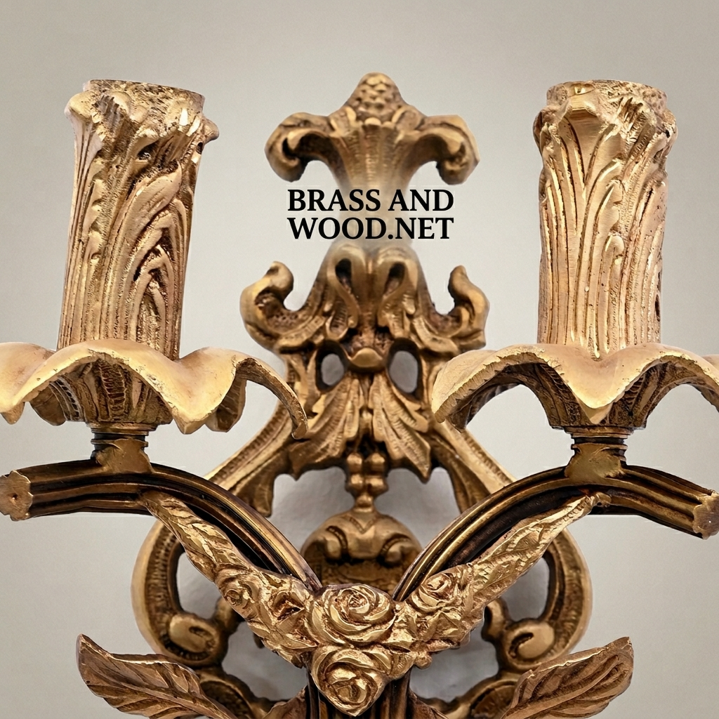 Rococo Brass Two-Arm Wall Sconce with Acanthus & Rose Carvings — Antique Gold