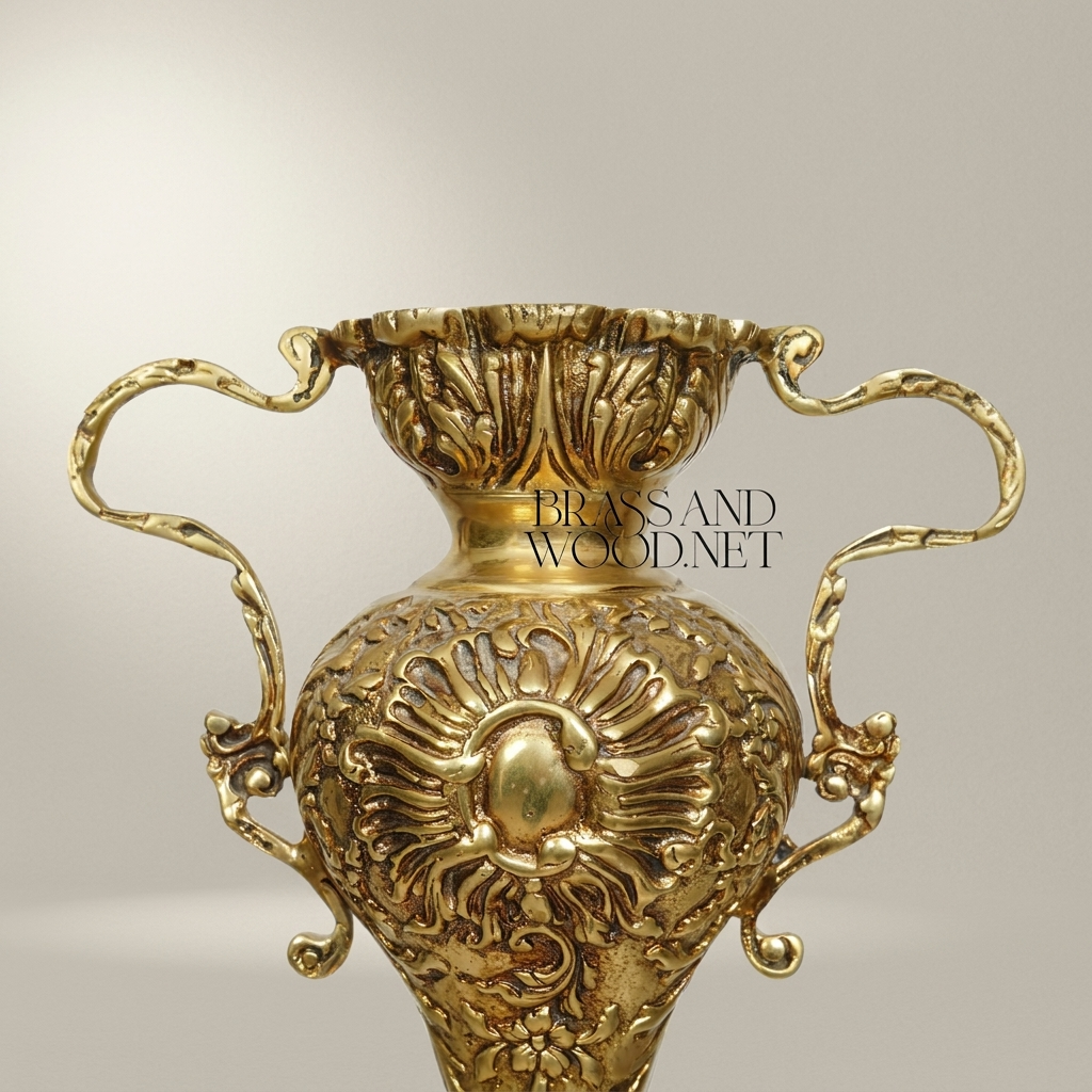 Rococo Brass Urn Vase on Cabriole Stand - Heavily Carved Acanthus Relief — Antique Gold