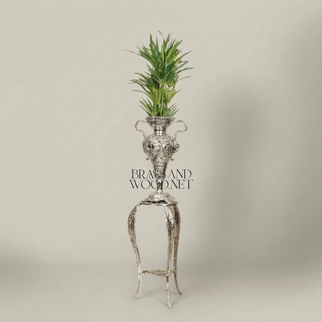 Rococo Brass Urn Vase on Cabriole Stand - Heavily Carved Acanthus Relief — Silver