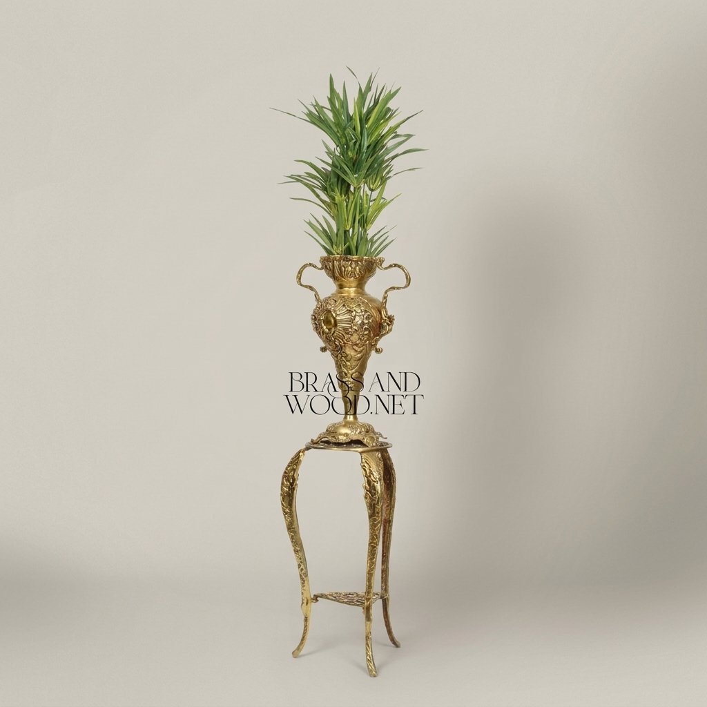 Rococo Brass Urn Vase on Cabriole Stand - Heavily Carved Acanthus Relief — Antique Gold
