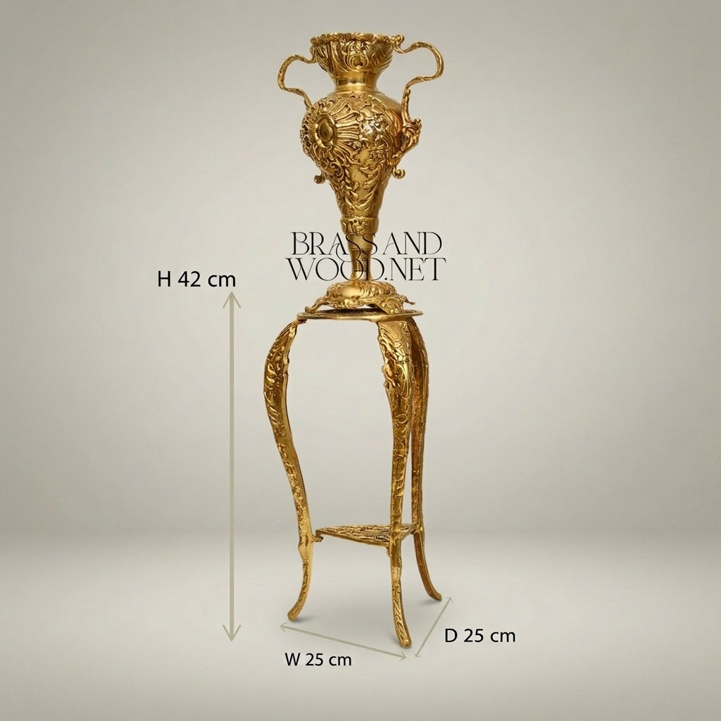 Rococo Brass Urn Vase on Cabriole Stand - Heavily Carved Acanthus Relief — Gold