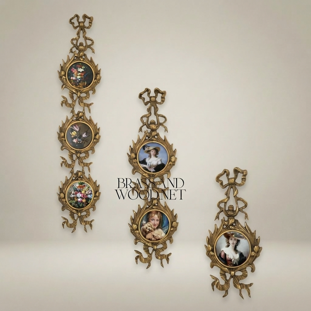 Rococo Brass Vertical Multi-Frame Wall Panel with Foliate Scrollwork & Ribbon Crest — Antique Gold