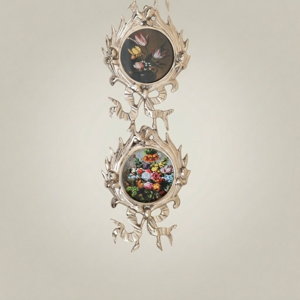 Rococo Brass Vertical Multi-Frame Wall Panel with Foliate Scrollwork & Ribbon Crest — Silver