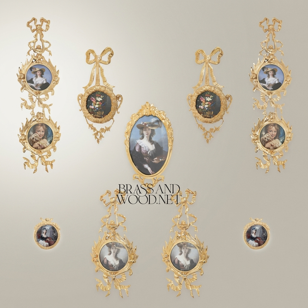 Rococo Brass Vertical Wall Frame - Dual Oval Portrait with Bow & Acanthus Cascade — Gold