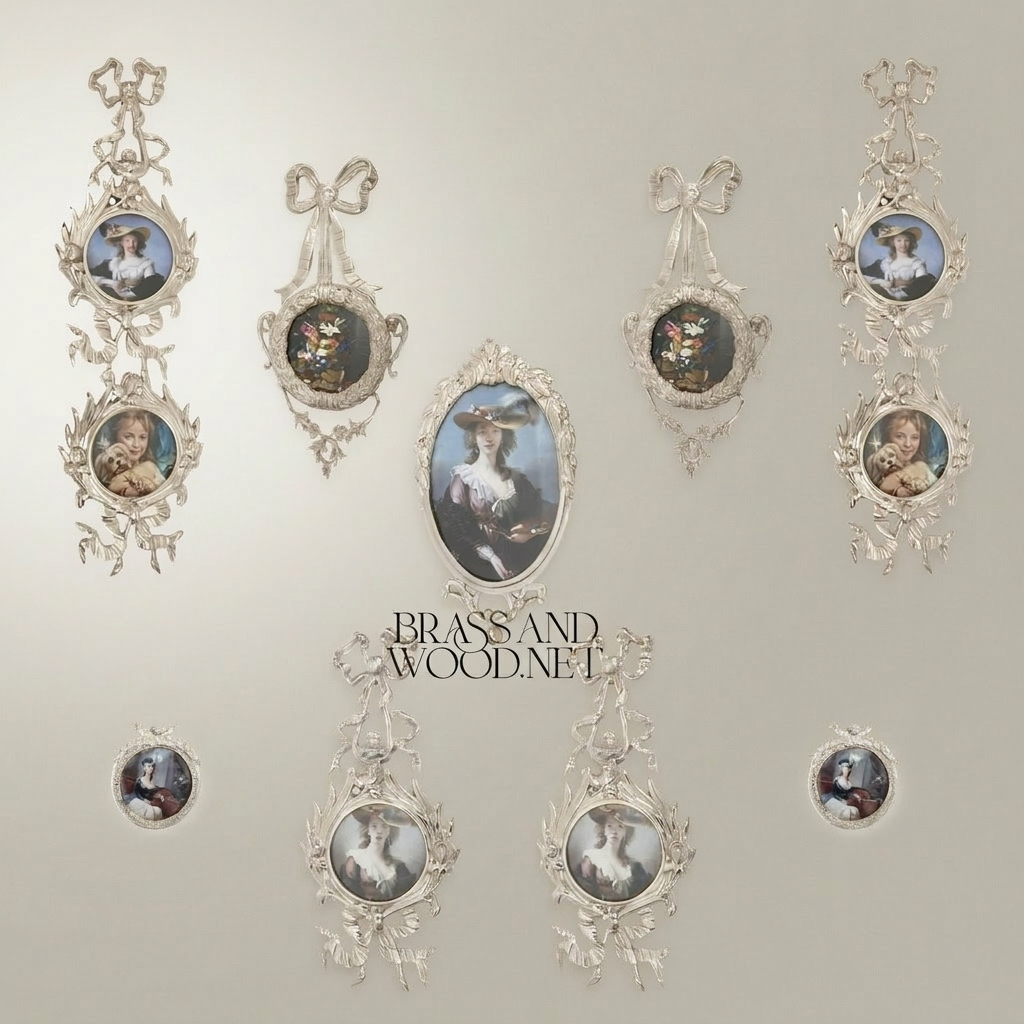 Rococo Brass Vertical Wall Frame - Dual Oval Portrait with Bow & Acanthus Cascade — Silver