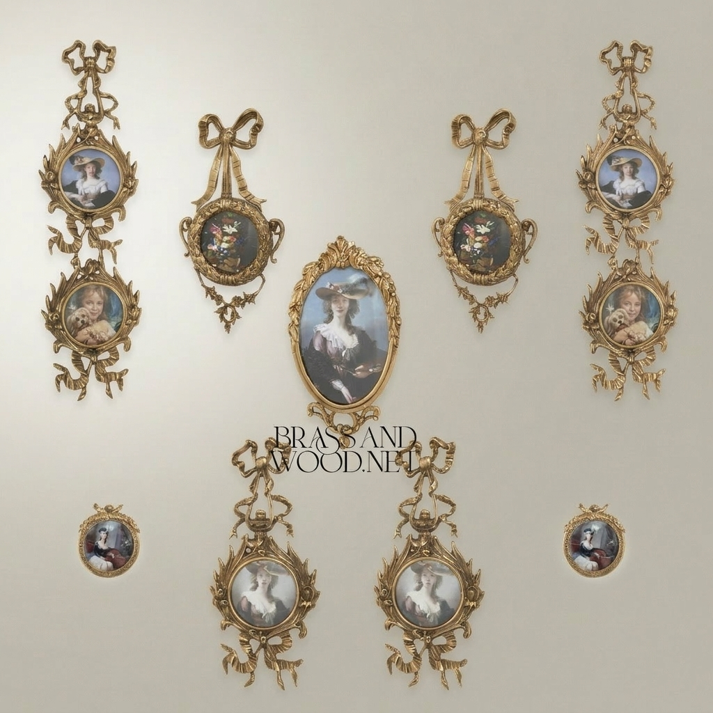 Rococo Brass Vertical Wall Frame - Dual Oval Portrait with Bow & Acanthus Cascade — Antique Gold