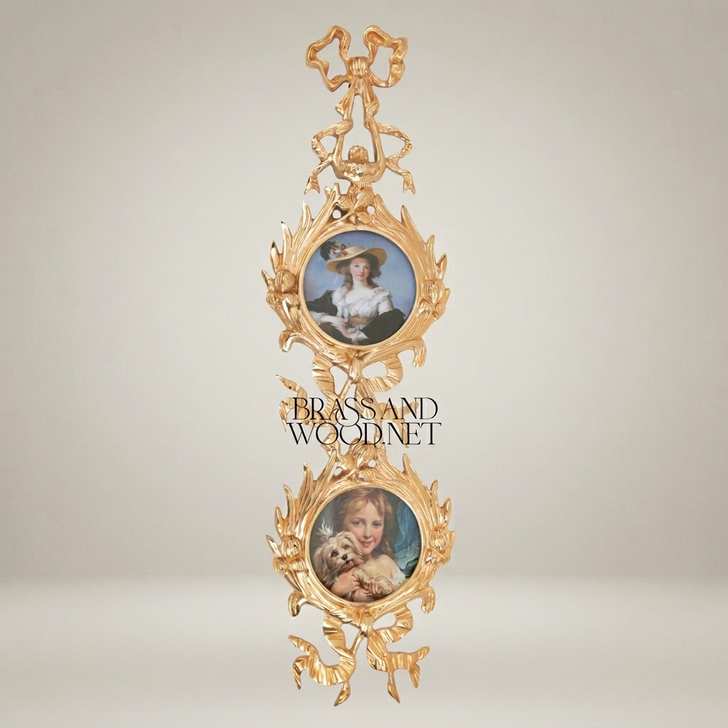 Rococo Brass Vertical Wall Frame - Dual Oval Portrait with Bow & Acanthus Cascade — Gold
