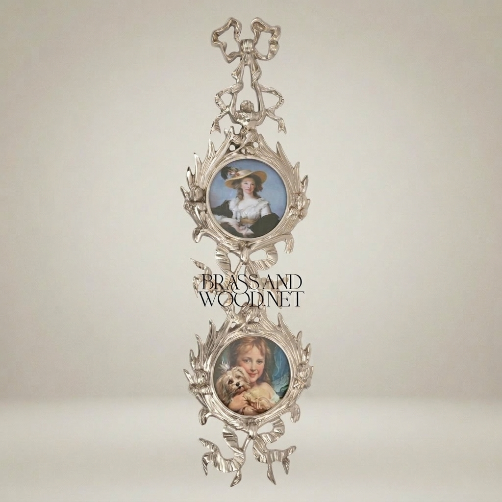 Rococo Brass Vertical Wall Frame - Dual Oval Portrait with Bow & Acanthus Cascade — Silver