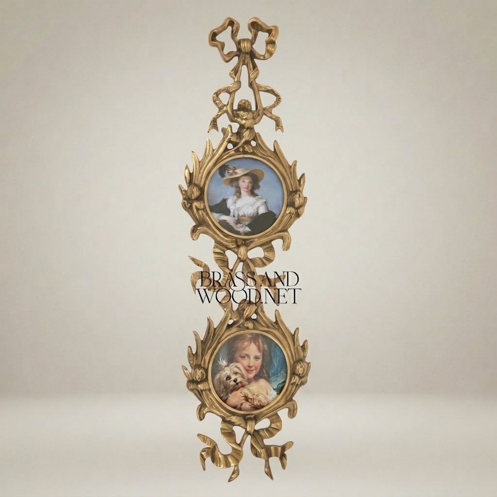 Rococo Brass Vertical Wall Frame - Dual Oval Portrait with Bow & Acanthus Cascade — Antique Gold