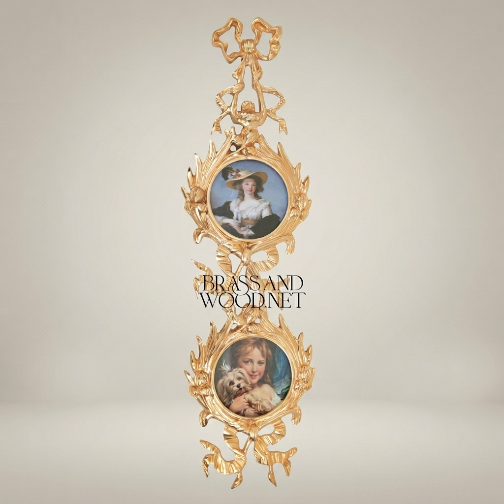 Rococo Brass Vertical Wall Frame Set – Triple Cascading Medallion with Ribbon & Acanthus Ornament