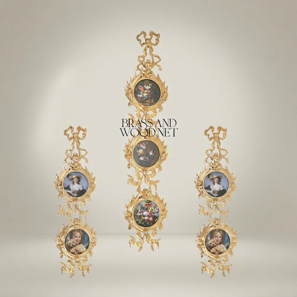 Rococo Brass Vertical Wall Frame Set – Triple Cascading Medallion with Ribbon & Acanthus Ornament