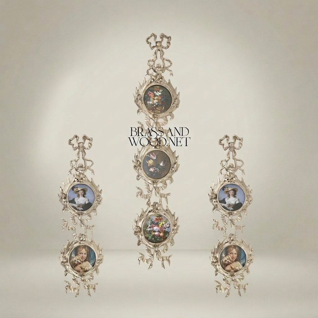 Rococo Brass Vertical Wall Frame Set – Triple Cascading Medallion with Ribbon & Acanthus Ornament — Silver