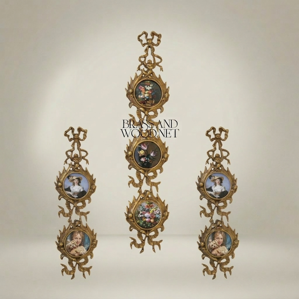 Rococo Brass Vertical Wall Frame Set – Triple Cascading Medallion with Ribbon & Acanthus Ornament — Antique Gold