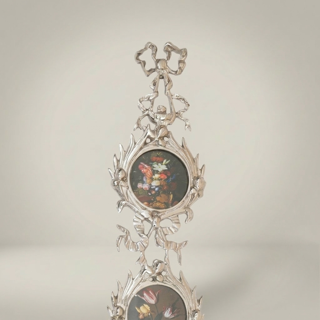 Rococo Brass Vertical Wall Frame Set – Triple Cascading Medallion with Ribbon & Acanthus Ornament — Silver