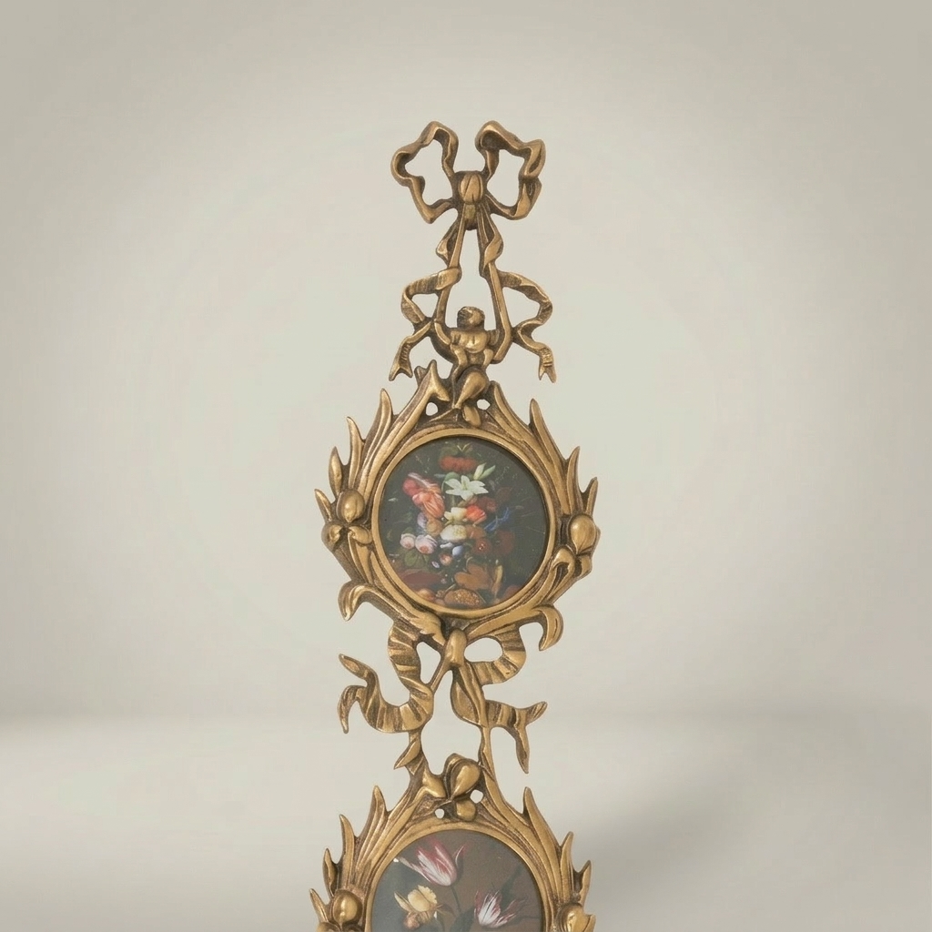 Rococo Brass Vertical Wall Frame Set – Triple Cascading Medallion with Ribbon & Acanthus Ornament — Antique Gold