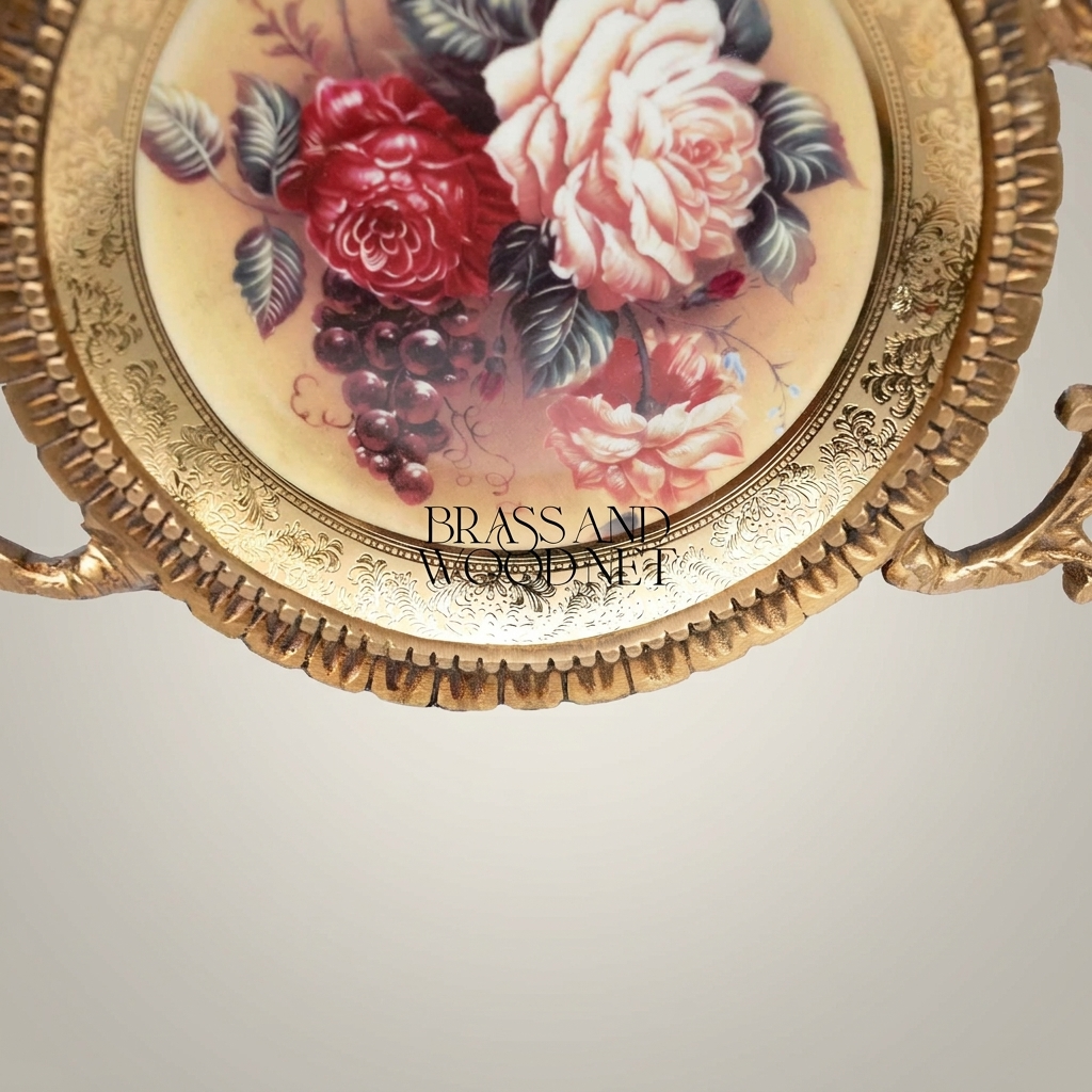 Rococo Brass Wall Cartouche with Hand-Painted Floral Medallion & Crown Crest