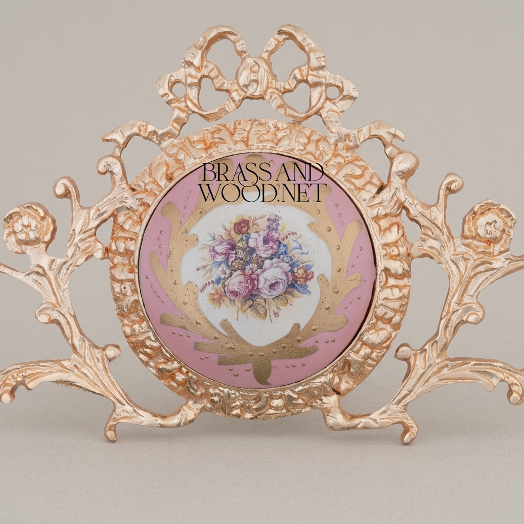 Rococo Brass Wall Cartouche with Hand-Painted Floral Ceramic Medallion