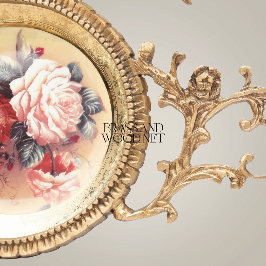 Rococo Brass Wall Cartouche with Hand-Painted Floral Medallion & Crown Crest