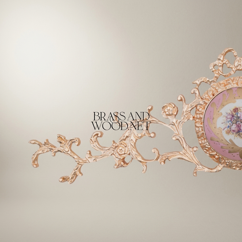 Rococo Brass Wall Cartouche with Hand-Painted Floral Ceramic Medallion — Gold