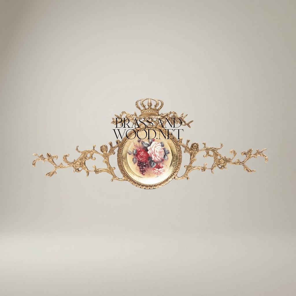 Rococo Brass Wall Cartouche with Hand-Painted Floral Medallion & Crown Crest
