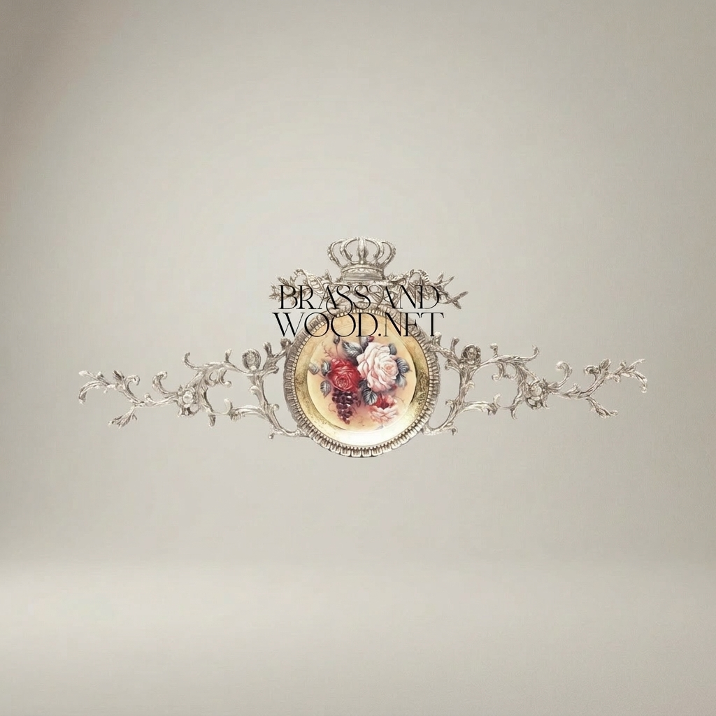 Rococo Brass Wall Cartouche with Hand-Painted Floral Medallion & Crown Crest — Silver